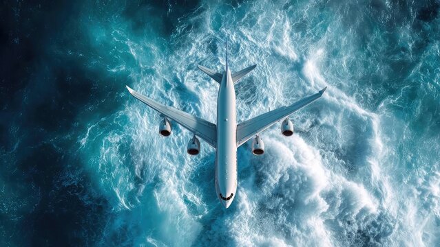 Overhead view of a four-engine airliner flying over a blue, foamy ocean. Concept Airliner overhead view, Four-engine jet, Blue ocean with foamy waves, Aerial flight over sea, Sea and sky contrast