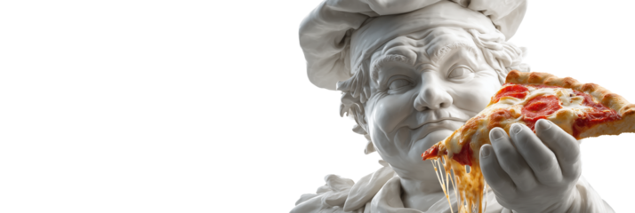 Extreme close-up portrait, an ancient white marble chef statue holding a realistic pizza slice, isolated on transparent background or white background. Png. Generative Ai.