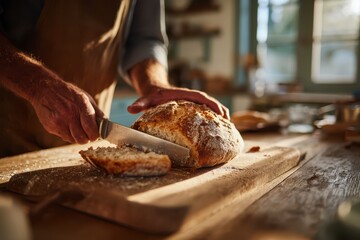 Close-up of a man slicing a crusty loaf at a wooden dining table in warm natural light
