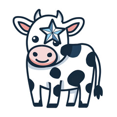 Cute cartoon cow with black spots and a sparkly blue star on its forehead standing on a transparent background, whimsical farm animal illustration