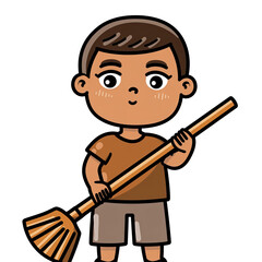 Cute Cartoon Boy Holding a Broom Ready for Cleaning Tasks with a Friendly Expression and Brown Outfit on Transparent Background