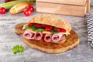 Ciabatta with mortadella, tomato, cheese and spinach