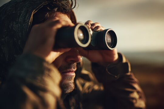 Close-up of a man peering through binoculars during an outdoor lookout