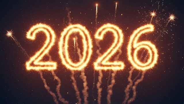 Fiery glowing number 2026 formed by bright sparkler fireworks exploding against a dark night sky background celebration concept
