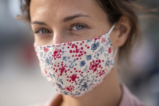 Close-up of a mask with virus motif on a confident woman outdoors