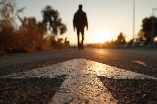 Close-up of a man walking along a road with a bold arrow painted on the pavement, symbolizing direction and journey
