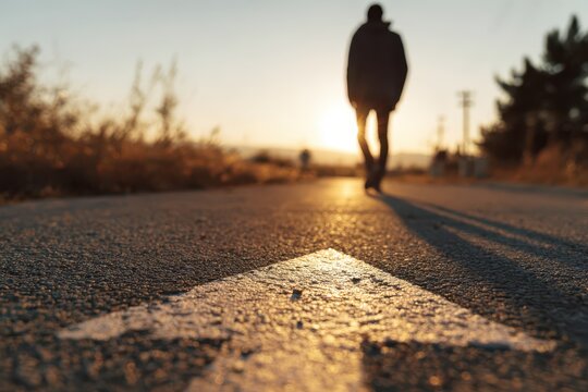 Close-up of a man walking along a road with a bold arrow painted on the pavement, symbolizing direction and journey - Powered by Adobe