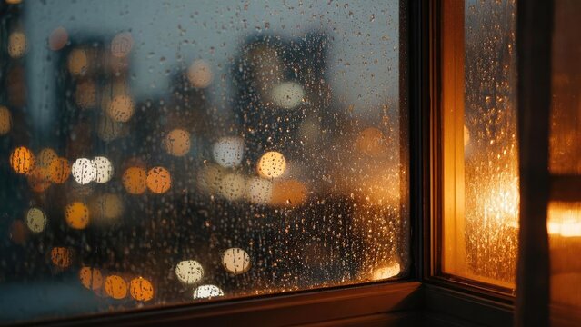 Rain on a window blurs city lights into soft bokeh, while a warm orange glow comes from inside. Concept Rainy window bokeh, City lights glow, Warm interior glow, Cozy urban mood, Soft orange hues - Powered by Adobe