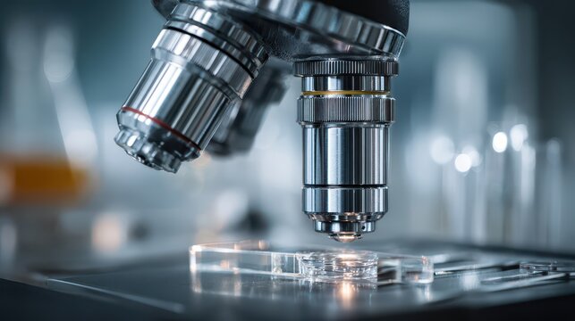 Close-up of a metal microscope objective lens in a pristine laboratory setting