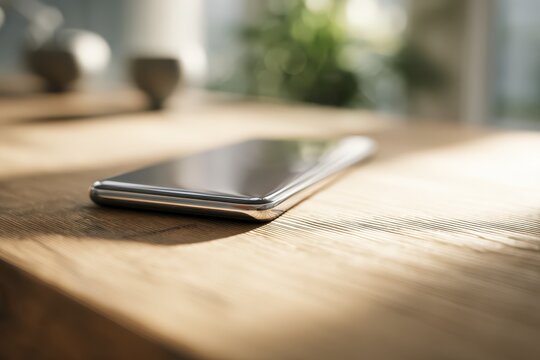 Close-up of a modern smartphone resting on a wooden table, macro photography with soft natural light - Powered by Adobe