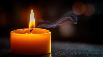 Close-up of a single yellow candle flame against a black background, warm amber glow on melted wax