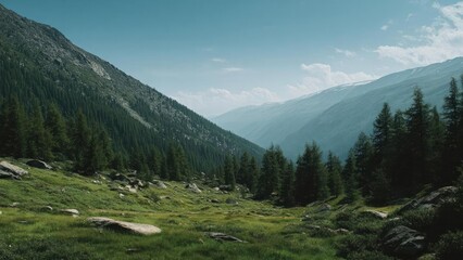 Obraz premium Alpine valley with green meadows, scattered rocks and pine trees, surrounded by forested mountains and distant snow-capped peaks. Concept Alpine valley landscape, Green meadows and scattered rocks