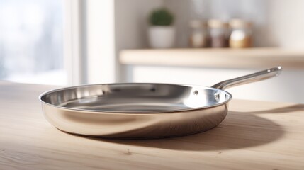 Close-up of a steel skillet with reflective surface on a neutral kitchen setting