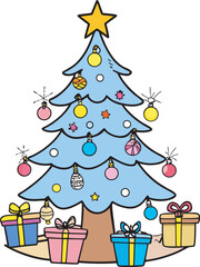 Whimsical Light Blue Christmas Tree Doodle with Dangling Ornaments and Colorful Presents, Sitting on Sandy Ground, Hand-Drawn Vector Art