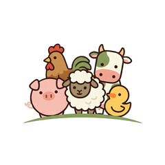 Cute Cartoon Farm Animals Including Pig Chicken Sheep Cow And Duck Standing Together On Green Grass With A Black Background Isolated Vector Illustration