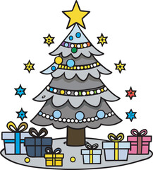 Grayscale Christmas Tree Doodle with Colorful Lights and Ornaments, Surrounded by Numerous Gifts and Floating Multi-Color Stars, Vector