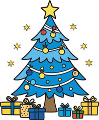 Vibrant Blue Christmas Tree Doodle Illustration with String Lights and Yellow Star Ornaments, Surrounded by Assorted Gift Boxes, Vector