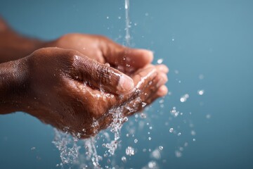 Fototapeta premium Close-up of an adult male washing hands with flowing water and a blue backdrop