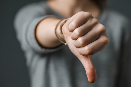 Close-up of a woman's hand giving a thumbs-down gesture to express disapproval