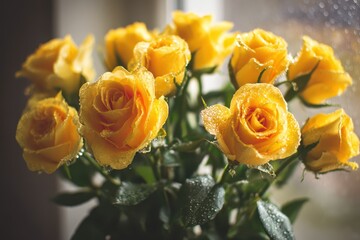 Close-up of cheerful yellow rose blooms with dewdrops