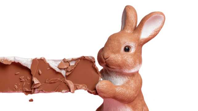 Cute Bunny Figurine Holding a Broken Chocolate Bar,  Isolated on Transparent