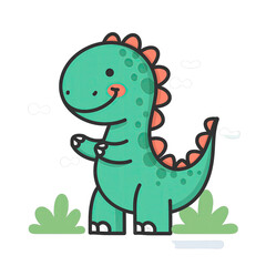 Cute Cartoon Green Dinosaur with Orange Spikes and Speckles Standing on Green Grass Against Transparent Background with Small White Cloud Shapes