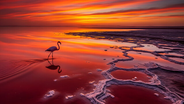 Flamingo Walking at Sunset Across Salt Flats with Vibrant Orange Sky Reflections