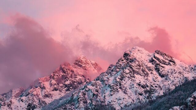 Snowy jagged mountain peaks under a pink sunset sky, with clouds drifting above. Concept Snowy jagged peaks, Pink sunset sky, Drifting clouds, Alpine twilight, Mountain landscape