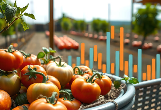 Organic Tomatoes in Rustic Setting Juxtaposed with Modern Dynamic Financial Data Visualization.