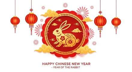 Chinese new year illustration of happy chinese new year year of the rabbit with lanterns isolated on white background