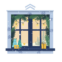 Festive Christmas Window Scene With Snowfall Pine Garland Twinkling Lights and Gift Boxes Cozy Winter Ambiance