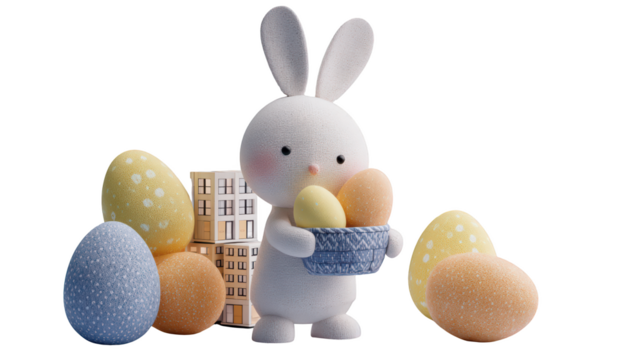 Cute 3D Easter Bunny Holding Basket of Colorful Eggs