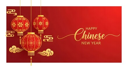 Chinese new year illustration of happy chinese new year celebration with traditional red lanterns and golden clouds
