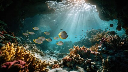 Underwater coral reef with colorful corals and yellow-striped fish swimming in sunlit blue water. Concept Underwater, Coral Reef, Colorful Fish, Sunlit Blue Water, Ocean Life