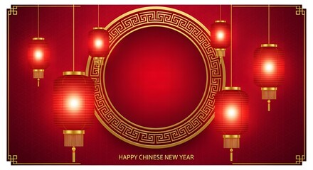 Chinese new year illustration of chinese new year background with red lanterns and golden frame for celebration