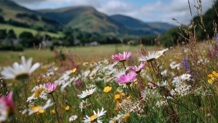 Meadow of wildflowers with white and pink daisies, yellow blooms, and distant green hills. Concept Wildflower Meadow, White and Pink Daisies, Yellow Blooms, Distant Green Hills, Open Field Landscape
