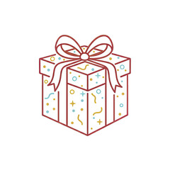 Festive Gift Box With Red Ribbon and Confetti Decoration Isolated on Black Background Simple Celebration Icon