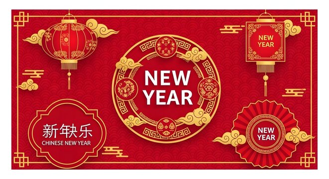 Chinese new year illustration of chinese new year festive elements on red background with lanterns
