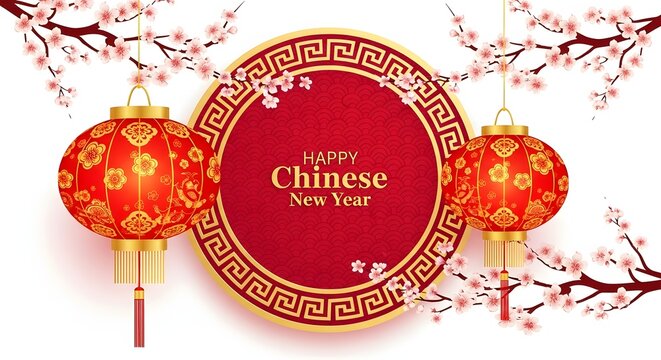 Chinese new year illustration of happy chinese new year lanterns and blossoms on white background