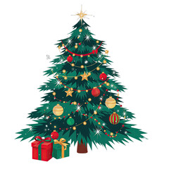 Festive Green Christmas Tree Adorned With Twinkling Lights Golden Stars Red Baubles and Gifts Below Perfect For Holiday Decorations and Celebrations