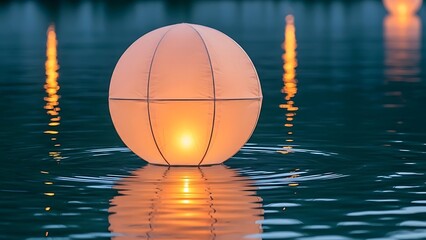 A single glowing water lantern floats on dark water with reflections at night