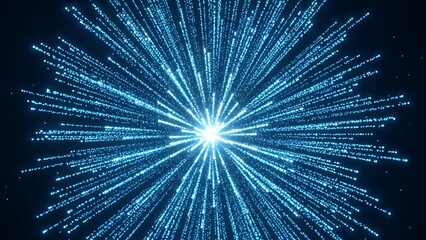 Abstract blue light burst explosion with many glowing particle streams radiating from a bright central core against a dark background