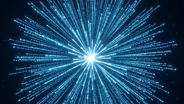 Abstract blue light burst explosion with many glowing particle streams radiating from a bright central core against a dark background