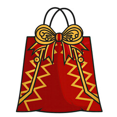 Festive Red Gift Bag Adorned With A Golden Ribbon And Red Ribbons Perfect For Holiday Branding And Celebrations Soft Pastel Illustration Style No Background