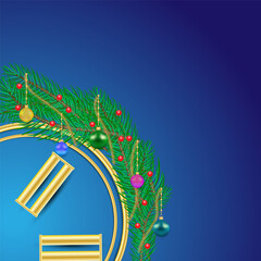 A festive New Year's vector illustration featuring decorated fir branches, gold elements, and multicolored baubles on a blue gradient background