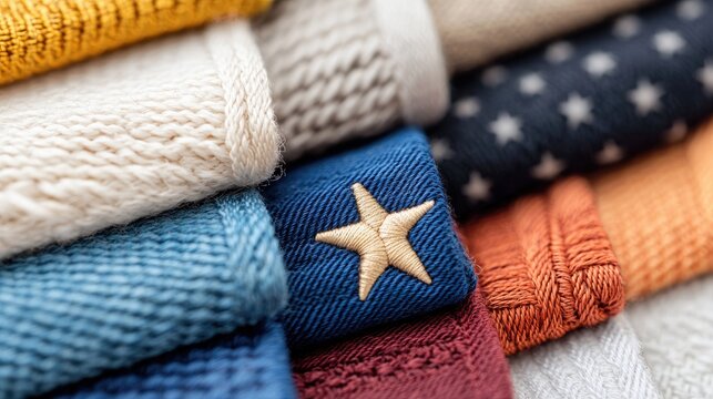 Close-up shot of a stack of colorful knitted fabrics, including a blue piece with embroidered star detail. Various textures and patterns are visible. - Powered by Adobe