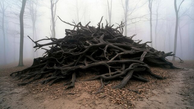 A large pile of dark branches sits in a foggy forest. Bare trees stand in the background, shrouded in mist. The scene evokes a sense of mystery and desolation.