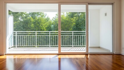 Fototapeta premium Bright room with hardwood floors leading to a balcony with a white railing and green trees outside