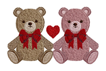手刺繍の仲良しテディベアとハート