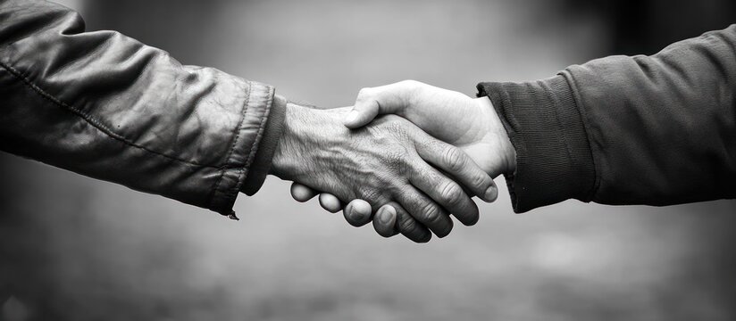 A black and white image of two hands clasped in a handshake, symbolizing agreement